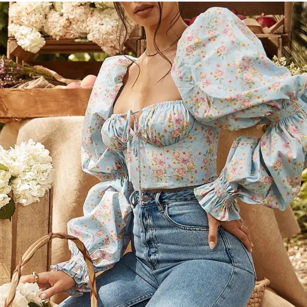 House of CB Light Blue Floral Puff-Sleeve Corset Top